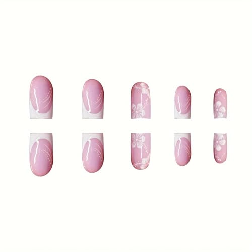 Flower MIXFOSAHN Press on Nails Medium Square Fake Nails Nude White False Nails with Elegant Designs Flowers Glossy Full Cover Stick on Nails Glue on Nails Spring Acrylic Nails for Women Girls 24 Pcs - color: Flower Square11