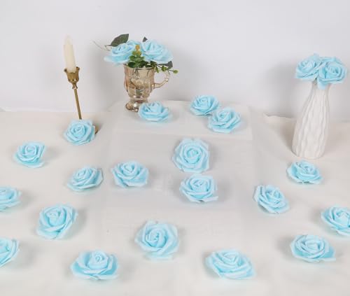 IPOPU Artificial Rose Flower Heads, 100pcs Light Blue Foam Fake Roses Bulk 3in Stemless Flowers for DIY Wedding Baby Shower Centerpieces Arrangements Party Tables Home Decorations (Light Blue) - color: Light Blue
