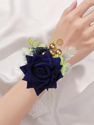 2Pcs Blue Corsage and Boutonniere Set, Artificial Rose Bridesmaid Bride Corsage and Groom Men Boutonniere Set for Prom Decor for Men Wedding Party Suit Decoration (Navy Blue) - color: Navy Blue