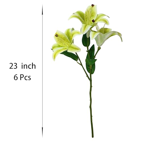 Artificial Lily Flowers,6 Pcs Faux Lily Flowers,Tiger Lily Branch with 3 Full Blooms and 4 Leaves (6, Green) - color: Green