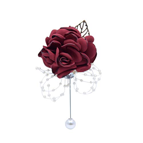 Rose Wedding Wrist Corsage and Boutonniere Set Party Prom Hand Ribbon Flower Suit Decor (Wine Red) - color: Wine Red