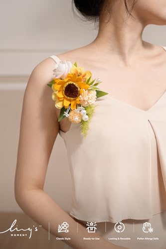 Ling's moment 2pcs Prom Wrist/Shoulder Corsage Artificial Flower, Girl/Mother Homecoming/Wedding Corsage Wristlet Décor, etc. Sunflower Yellow - color: Sun-sunflower & Yellow