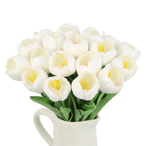 Tulips Artificial Flowers 20pcs Real Touch Fake Tulips Arrangement White Faux Flowers Tulip Stems for Wedding Spring Easter Valentine's Gift Home Table Decor (White) - color: White