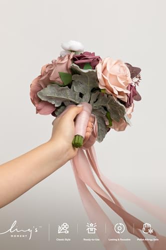 Ling's moment Artificial Bridesmaid Bouquets Set of 4,Dusty Rose Wedding Flower Bouquets Mauve Floral Bouquet Bridal Bouquets with Ribbon,Ceremony,Anniversary,7-inch Diameter - color: Pk-dusty Rose & Mauve