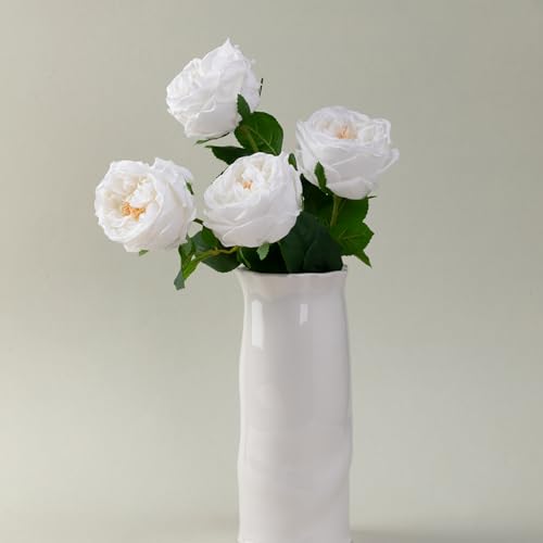 WILD WORKS Artificial Austin Roses, 4 Pcs Real Touch Fake Flowers with Moist Fabric Petals, 17.7 Inch Fake Peonies for Mother's Day Wedding Home Decor (White) - color: White 4pcs