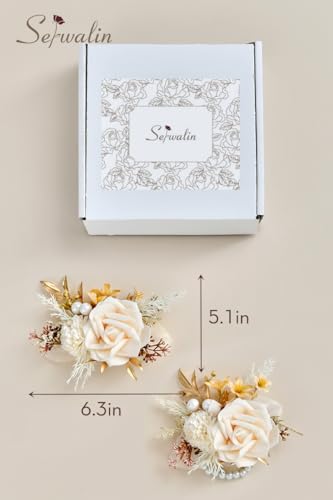 Serwalin 2 Pcs Wrist Corsage and Boutonniere Set, 6-7 Inch Champagne Corsage for Wedding, Boutonniere for Men Corsage Wristlet Prom Ceremony Anniversary Accessories Suit - color: A Champagne, size: 1 Boutonniere & 1 Wrist Corsage-2pcs