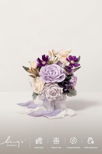 Ling's moment Wedding Artificial Flowers Package, Bridal Bouquet, Bridesmaid Bouquets, Boutonniere for Men, Rose Petals.Sage Orchid Purple Cream - color: Prpl-sage Orchid & Purple Cream