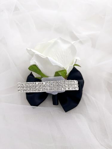 Ting & Cecilly Rose Wrist Corsage Boutonniere Set Artificial Flower Corsage Boutonniere with Satin Ribbon Rhinestone Decor Handmade Silk Flower for Prom Wedding Party Suit Decor (Black) - color: Black