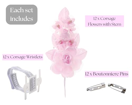 Set of 12 Artificial Silk Organza Craft Rose Flower, 12 Corsage Wristlet, 12 Pin Back DIY Boutonnieres for Wedding, Bridesmaids, Groomsmen, Quinceanera, Prom, Sweet 16 (Pink) - color: Pink