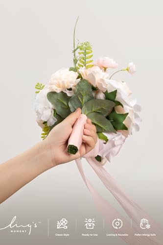 Ling's moment Artificial Bridesmaid Bouquets Set of 4,Pink Wedding Flower Bouquets Blush & Cream Floral Bouquet White Rose Bridal Bouquets with Ribbon,Ceremony,Anniversary,7-inch Diameter - color: Pk-blush & Cream