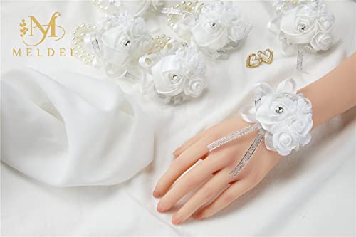 6pcs White Wedding Wrist Corsages Artificial Silk Rose for Women | for Wedding, Prom, Homecoming, and Evening Party, Wrist Corsages with Pearls for Brides, Bridesmaids, Mother of the Bride - color: 6pcs White Wrist Corsages