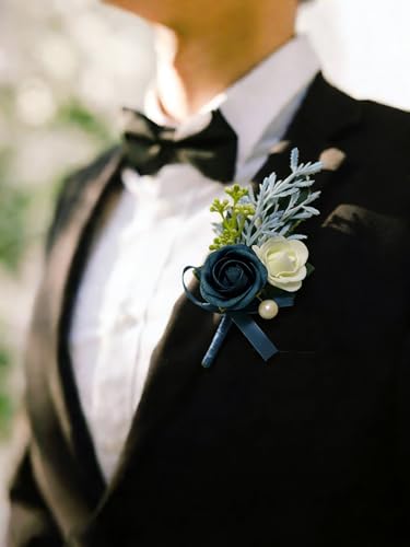 6PCS Navy Blue Boutonniere for Men, Groomsmen Guest Boutonniere, Artificial Flowers for Wedding Decor Prom Homecoming - color: Navy Blue