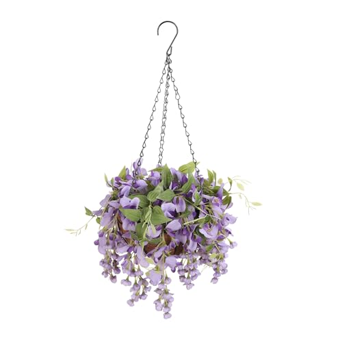 Artificial Hanging Flowers with Basket Plants - Wisteria Hanging Plants for Spring Outdoor Decoration, UV Resistant Fake Flowers Hanging Silk Flowers for Porch Patio Garden Yard Home Decor