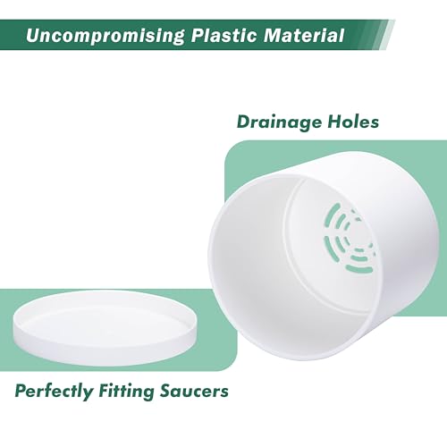 D'vine Dev 2 Pack 10 Inch Modern Plastic Plant Pots, Cylindrical Garden Planters for Plants with Drainage Holes and Saucers, White, 74-Z-N-1 - size: 10"