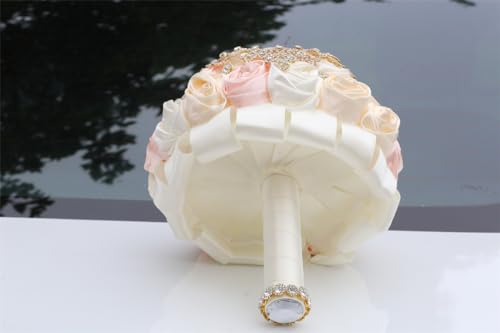 Handmade Satin Rose Water Drop Bridal Bouquet,8.7inch Crystal Wedding Round Tossing Bouquet,Jewelry Proposal Bridesmaid Bouquet Groom Corsage Bride Wrist Flower Ivory (Champagne Ivory) - color: Champagne Ivory