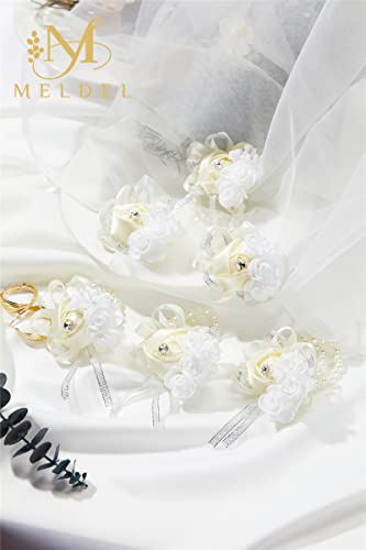 6pcs Beige-White Wedding Wrist Corsages Faux Silk Rose for Women | for Wedding, Prom, Homecoming, and Evening Party, Corsages with Pearls for Brides, Bridesmaids, the Mother of the Bride - color: 6pcs Beige Wrist Corsages