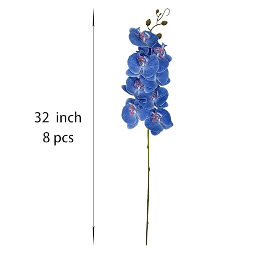 ATFL 8 Pack Blue Orchid Artificial Flowers Real Touch, 32'' Artificial Fake Faux Silk Orchid Stem Bouquets for Wedding Party Home Garden Decor,Orquideas Artificiales para Decora (excluding The Pot) - color: Blue