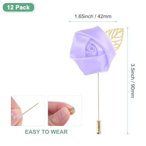 M METERXITY 12-Pack Flower Lapel Pins for Men, Golden Leaf Rose Boutonnieres Pin for Wedding/Dance/Party, Mens Lapel Pins for Suits Satin Flower Corsage Hat Pins [Light Purple] - color: Light Purple