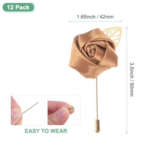 M METERXITY 12-Pack Flower Lapel Pins for Men, Golden Leaf Rose Boutonnieres Pin for Wedding/Dance/Party, Mens Lapel Pins for Suits Satin Flower Corsage Hat Pins [Champagne] - color: Champagne