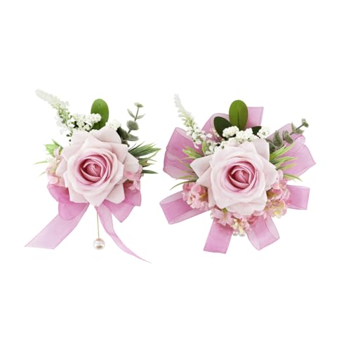 Pink Corsage and Boutonniere Set, Corsage Wristlet for Women and Boutonniere for Wedding Prom Homecoming, Artificial Rose Flowers Boutonniere and Wrist Corsage - color: Pink