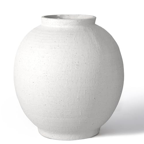 11" White Ceramic Vase, Rustic Farmhouse Living Room Home Decor | Artisan Handcrafted Large Ceramic Vase,Round Ceramic Flower Vase - size: 11.1Inch