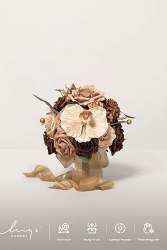 Ling's moment Walnut Brown Artificial Wedding Flower Bouquets for Bridesmaids Brown Floral Bouquet Golden Glove Bridesmaid Bouquets with Ribbon Ceremony Anniversary,7-inch Diameter - color: Br-walnut Brown & Golden Glove