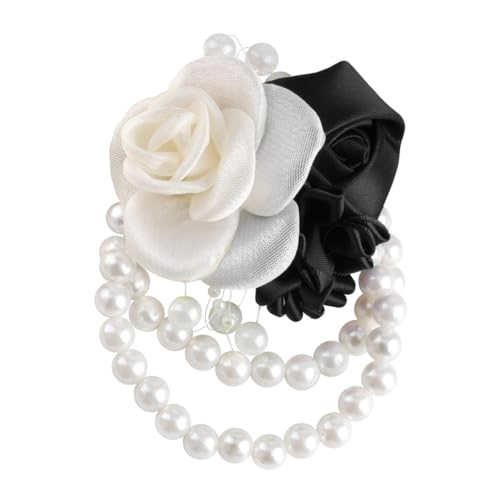 Wedding Prom Party Satin Rose Wrist Corsage Flower, 2Pcs Boutonniere and Wrist Corsage Wristband Roses Prom Flower Wedding Flowers Accessories Prom Suit Decorations (Black) - color: Black