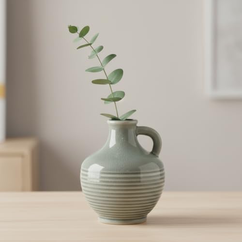 Sunddo Gray Ceramic Flower Vase， 6 Inch Small Modern Boho Vase for Home Decor, Decorative Vases with Handle, Neutral Accent for Minimalist, Table, Living Room, Bathroom, Shelf, Mantel Decor - color: Gray - 6, size: 6 Inch
