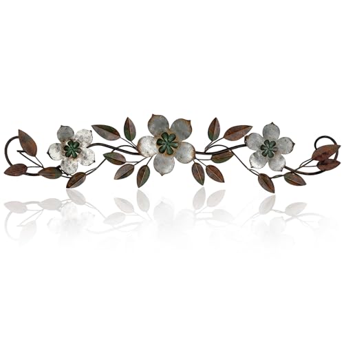 Wesiti Metal Flower Wall Decor Vintage Metal Flower Wrought Iron Scroll Sculpture 15.7''x3.7'' Not 3D, Flat Farmhouse Leaf Wall Decor with Nails for Summer Bedroom Kitchen Indoor Outdoor(Silver Gray) - color: Silver Gray