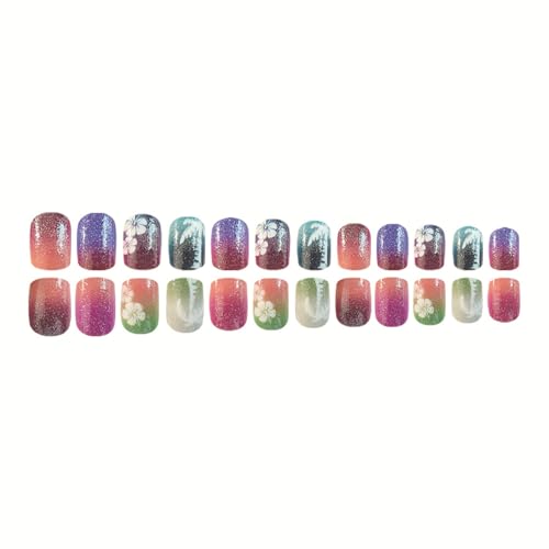 Flower Press on Nails Short Almond French Tip Fake Nails Multicolor False Nails with Charms Colorful Designs White Flower Glossy Full Cover Glue on Nails Xmas Acrylic Nails for Women Girls 24 Pcs - color: Flower Square2