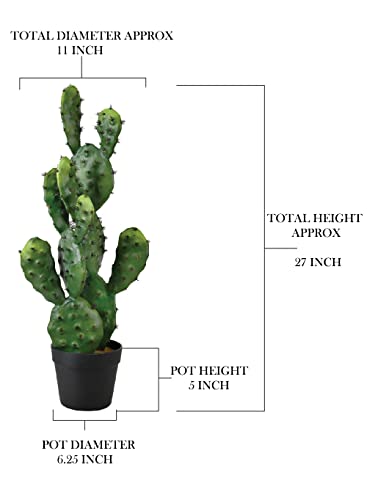 Serene Spaces Living Artificial Prickly Pear Cactus in Plastic Black Pot, Lifelike Potted Bunny Ear Cactus for Balcony, Living Room, Kitchen, Office, Patio, Entranceway, 11" Diameter & 27" Tall