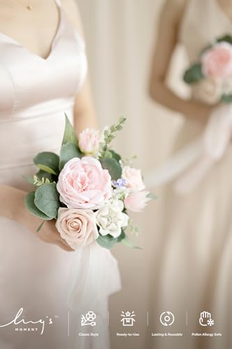 Ling's moment Artificial Bridesmaid Bouquets Set of 6,Pink Wedding Flower Bouquets Blush Floral Bouquet Bridal Bouquets with Ribbon Ceremony,Anniversary，7-inch Diameter - color: Pk-blush & Cream
