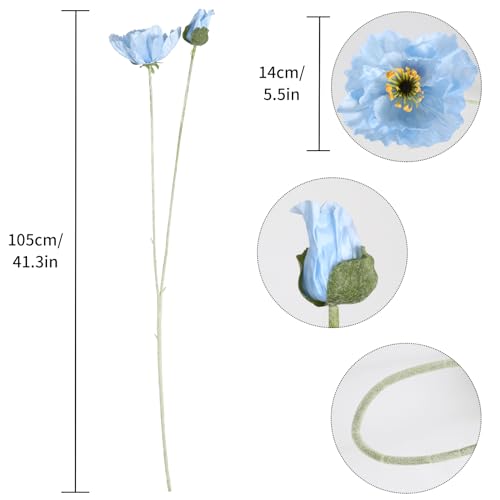 Artificial Poppy Flowers,6PCS Blue Silk Poppy Flower 41.3in Fake Poppies Long Stem Flowers for Wedding Party Office Home Decor(Light Blue) - color: Light Blue