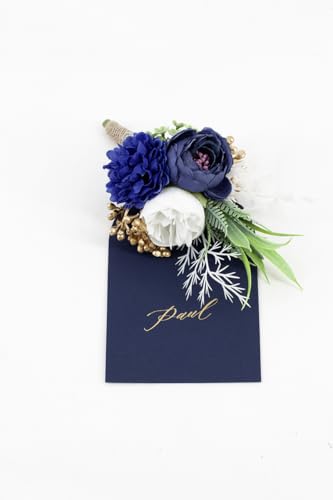 Ansofi Navy Blue Corsage and Boutonniere Set Artificial Rose Flower Wrist Corsage and Boutineers for Groom Groomsmen Bride Bridesmaids Prom Rustic Vintage Wedding Decor - color: Navy Blue