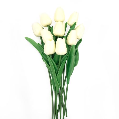 10 Pcs Faux Tulips Artificial Flowers with Stems, 13 Inch Artificial Tulips Flower Realistic for Wedding Bouquet, Table Centerpiece, Birthday Party (Milk White) - color: Milk White