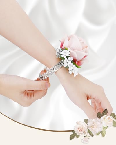 eZAKKA Wristlet Corsage and Boutonniere Set, Pink Rose Boutonniere for Men, Flower Wrist Corsage Bracelets Decorations for Wedding Party Prom Suit, 2 Pcs - color: Pink