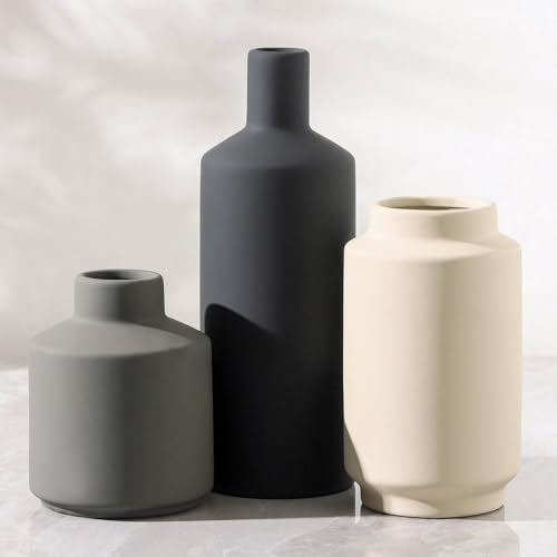 Ceramic Vase Set of 3, Modern Decorative Vases for Home Decor, Small Flower Pottery Vase Sets, Boho Farmhouse Rustic Vases for Living Room, Kitchen, Bedroom, Bathroom, Shelf, Table - color: Multi Grey
