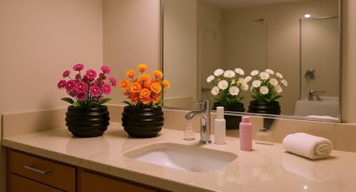 Smart Artificial Plants Set of 3, Mini Faux Flowers for Home, Office Desk, Bedroom & Bathroom Decor