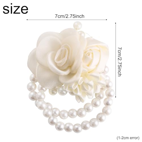 Wedding Prom Party Satin Rose Wrist Corsage Flower, 2Pcs Boutonniere and Wrist Corsage Wristband Roses Prom Flower Wedding Flowers Accessories Prom Suit Decorations (White) - color: White