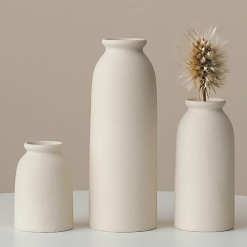 Ceramic Vase Set-3, Small Flower Vases for Decor, Modern Boho Farmhouse Style, Decorative Vases for Pampas Grass & Dried Flowers, Distressed Finish (Beige) - color: Beige
