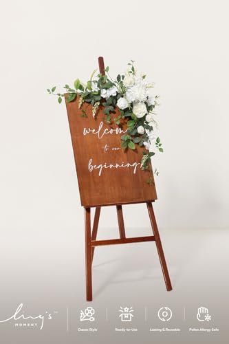 Ling's moment Wedding Artificial Welcome Sign Flowers Swag Arch Floral Garland Decorations Lily White Ceremony Reception Entrance Entryway Party Banquets Easel Wall Home Outdoor(NOT Include Sign - color: Lily White