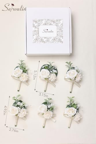 Serwalin 6 Pcs White Boutonniere for Men, Groom Groomsmen Best Man Guest Boutonnieres，Artificial Flowers Silk Rose for Wedding Prom Ceremony Anniversary Party Homecoming - color: A White, size: Boutonniere 6pcs