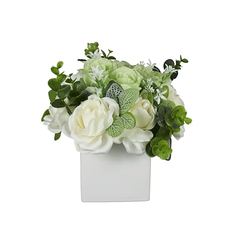 Deco 79 Fabric Artificial Flower with Green Leaves and Square Ceramic Vase, 9" x 9" x 10", White - color: White, size: 9" x 9" x 10"