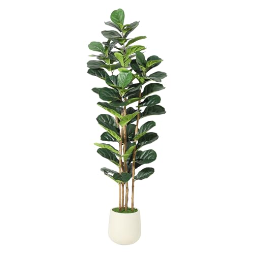 Garvee Artificial Fiddle Leaf Fig Tree with White Planter, 6 ft Tall Fake Plant with Natural Wood Trunk, Faux Ficus Tree Potted Moss for Home Office Living Room Decor - size: 6ft