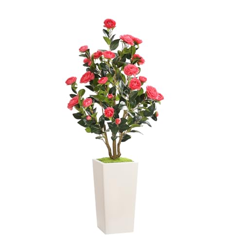 Romantic Season 4FT Artificial Camellia Tree with White Tall Planter, Pink Faux Camellia Plant Flower Tree for Modern Home Office Living Room Floor Décor Outdoor Indoor，Pink - color: Pink