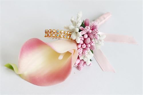 Calla Lily Boutonniere for Men Wedding Pink, Artificial Flower Groom Groomsman Boutonniere with Pins for Wedding Prom Party Homecoming Ceremony Anniversary Suit Decor - color: Pink