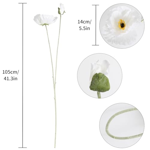 Poppy Flowers Artificial,6PCS Faux White Poppies 41.3in Long Stem Artificial Flowers for Tall Vase Wedding Party Office Decor(White) - color: White