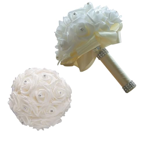Wedding Bouquets for Bride, Bridal Flowers for Wedding, Bride Bridesmaid Hand Flowers Bridal Bouquet Crystal Diamond Silk Roses, Artificial Flowers Bouquet for Church Wedding Party (Beige) - color: Beige