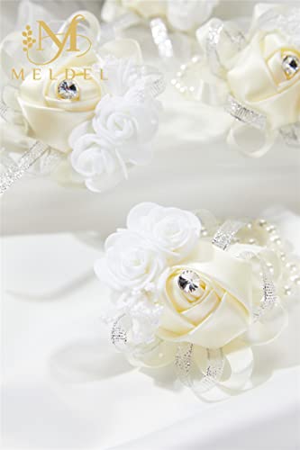 4pcs Beige-White Wedding Wrist Corsages Faux Silk Rose for Women | with Pearls for Brides, Bridesmaids, the Mother of the Bride, Prom, Homecoming, and Evening Party - color: 4pcs Beige Wrist Corsages