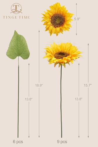 TINGE TIME 9 pcs Sunflowers Artificial Flowers, 6'' Silk Fake Sunflowers with Stems, Yellow Faux Sunflowers for DIY Outdoors Decor Home Decor Tables Centerpieces - color: Yellow